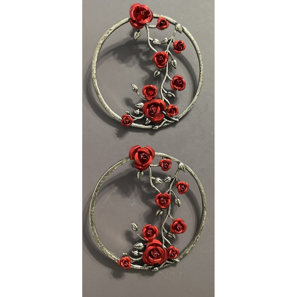 VTG‎ Spencers Red Rose Vine Silver Hoop Earrings Goth
